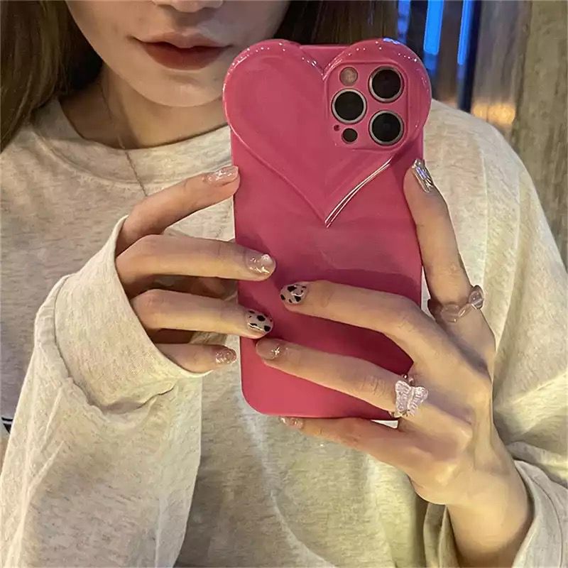 3D Cute Hot Pink Love Heart Shaped iPhone Soft Case