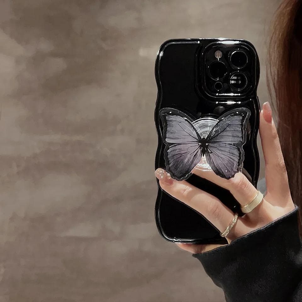 Black Butterfly With Bracket Holder Silicone Glossy iPhone Case