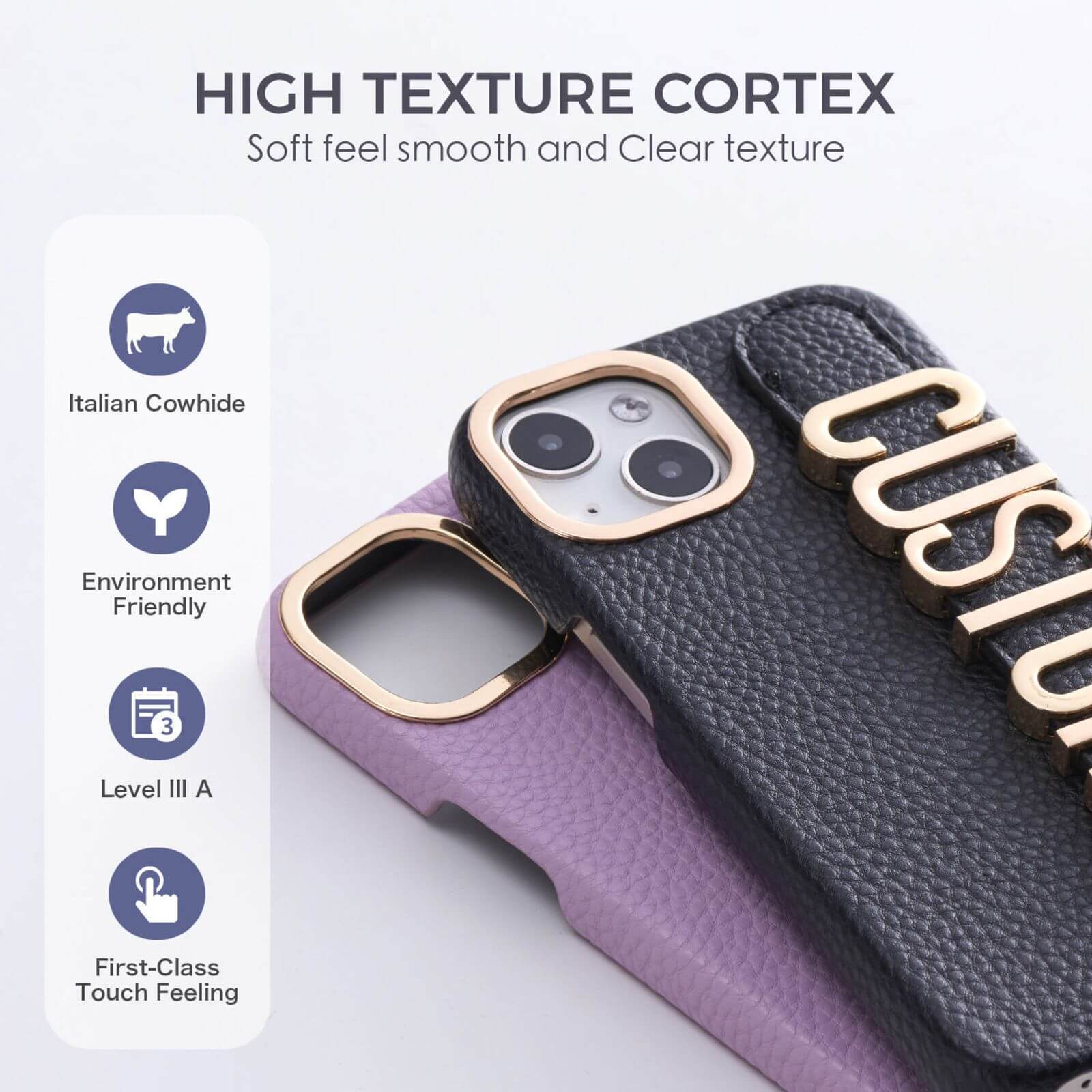 Luxury Leather iPhone Custom Name Plain Gold Metal Letters Bracelet Case