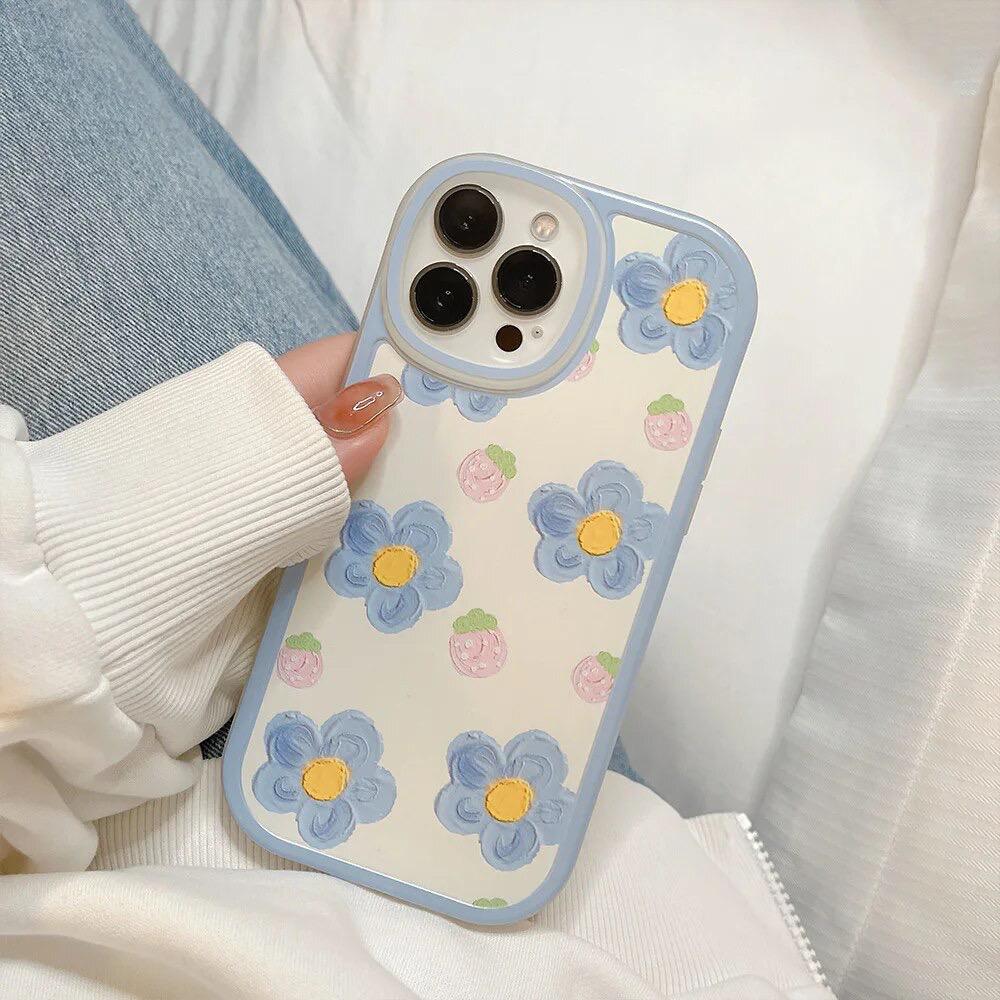 Blue Yellow Pink  Floral Flower iPhone Silicone Rubber Soft Case