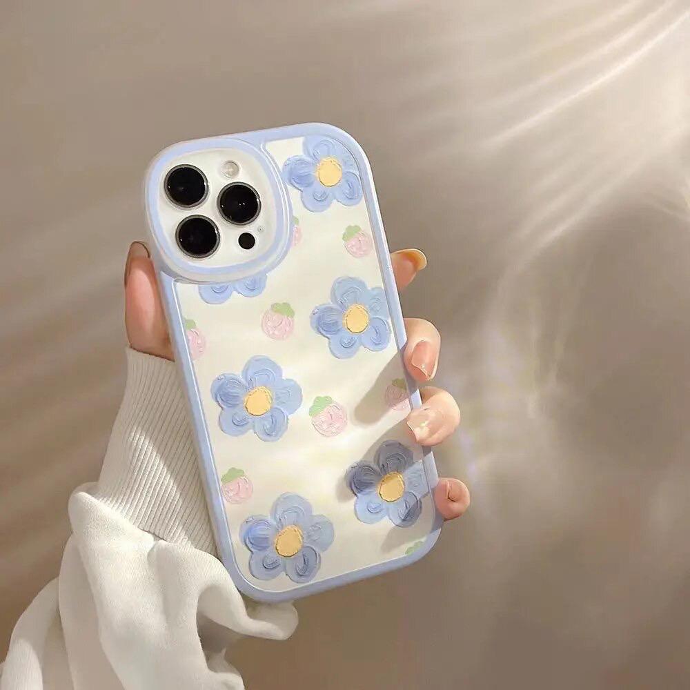 Blue Yellow Pink  Floral Flower iPhone Silicone Rubber Soft Case