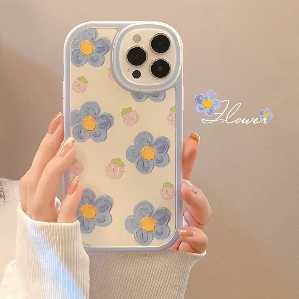 Blue Yellow Pink  Floral Flower iPhone Silicone Rubber Soft Case