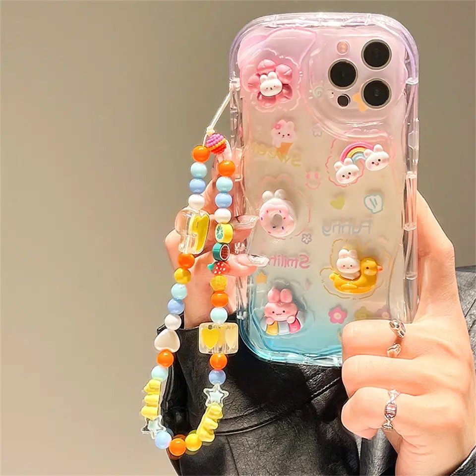 Cute 3D Characters Rainbow Matte Shaded Soft iPhone Case With Lanyard Charm