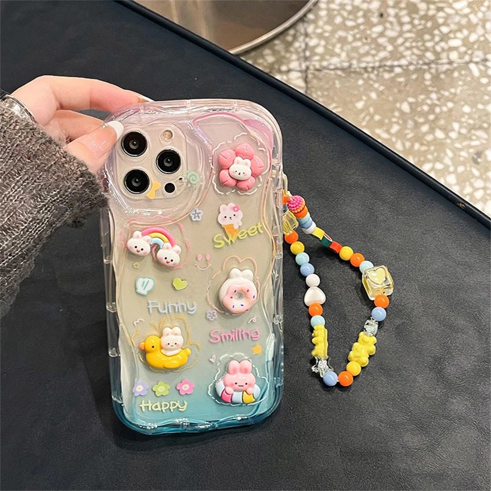 Cute 3D Characters Rainbow Matte Shaded Soft iPhone Case With Lanyard Charm