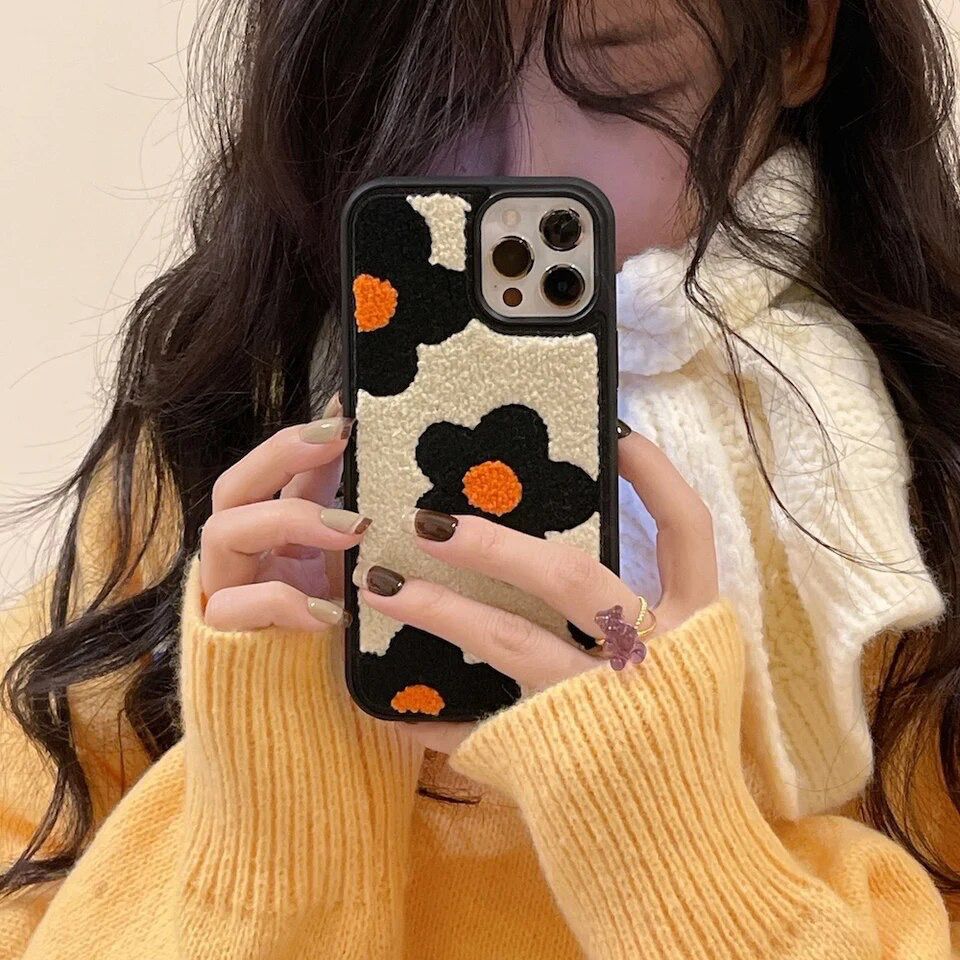 Orange Black Winter Fur Fabric Plush iPhone Silicone Case