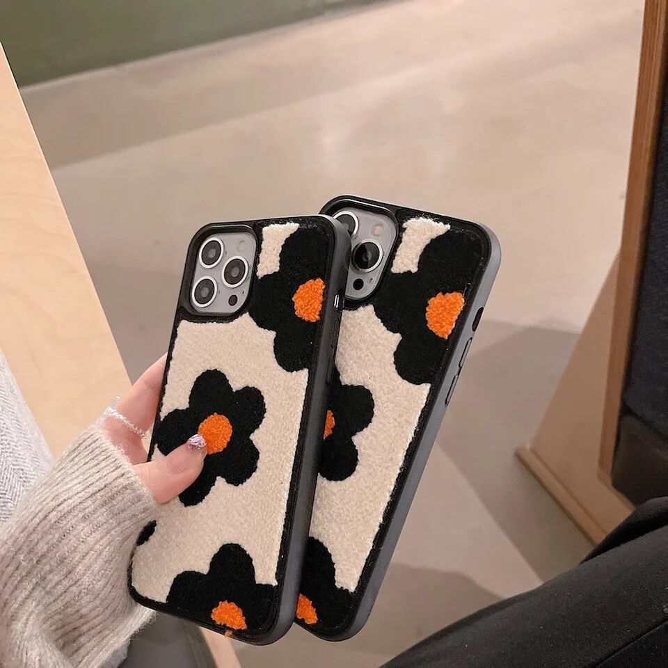 Orange Black Winter Fur Fabric Plush iPhone Silicone Case