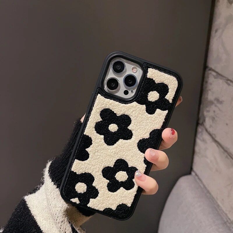 White Black Winter Fabric Fur Plush iPhone Silicone Case