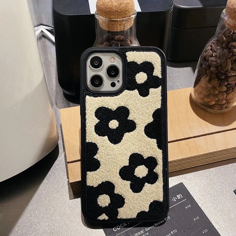 White Black Winter Fabric Fur Plush iPhone Silicone Case