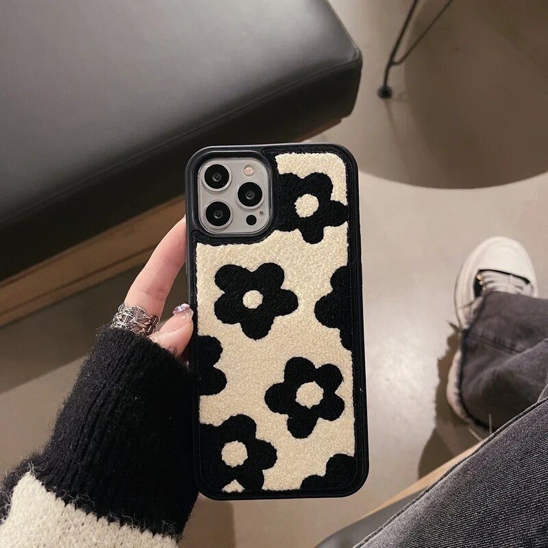 White Black Winter Fabric Fur Plush iPhone Silicone Case