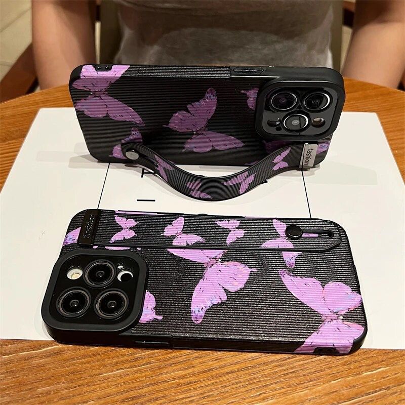 Black Purple Butterfly Bracelet Stand iPhone Textured Soft Case