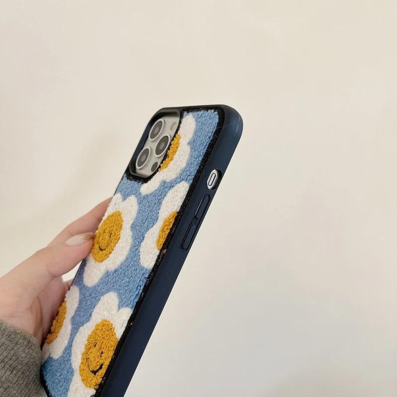 Blue Yellow  Floral Flower Winter Fur Fabric Plush iPhone Silicone Case