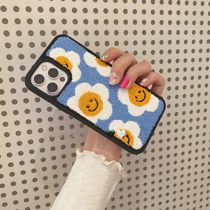 Blue Yellow  Floral Flower Winter Fur Fabric Plush iPhone Silicone Case