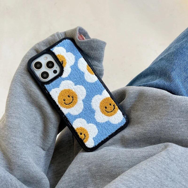 Blue Yellow  Floral Flower Winter Fur Fabric Plush iPhone Silicone Case