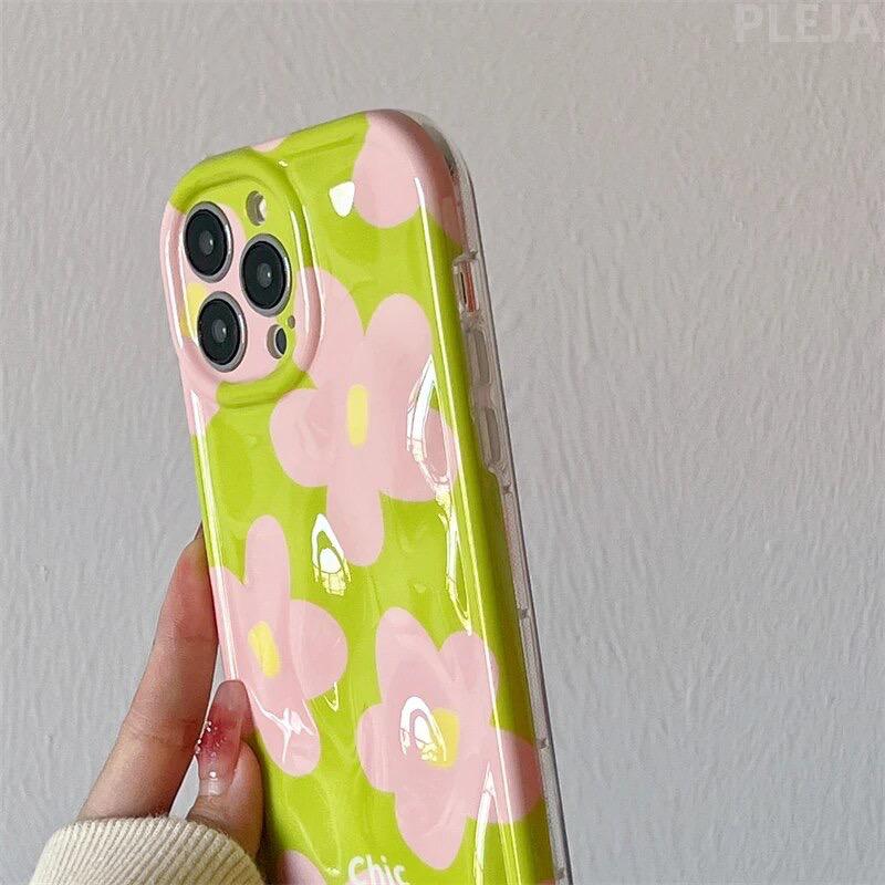 Cute Green Meteorite Chic Pink  Floral Flower iPhone Silicone Soft Case