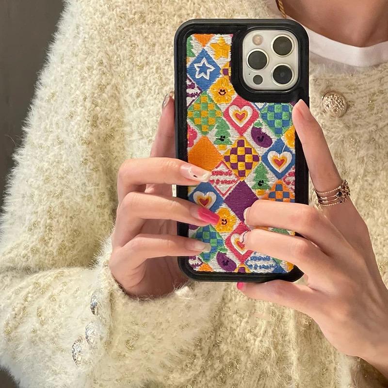 Cute 3D Plush Embroidery Fur Fabric Love Heart Grid iPhone Silicone Case