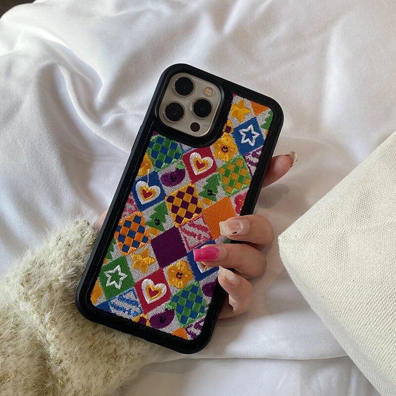 Cute 3D Plush Embroidery Fur Fabric Love Heart Grid iPhone Silicone Case