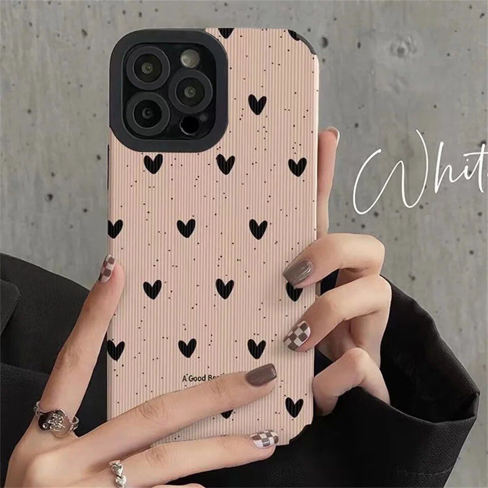 Pink Black Hearts iPhone Soft Black Textured Silicone Case