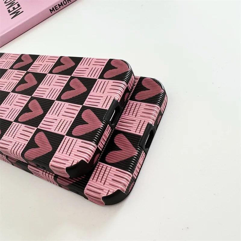 Pink Love Heart Plaid Textured iPhone Soft Silicone Case