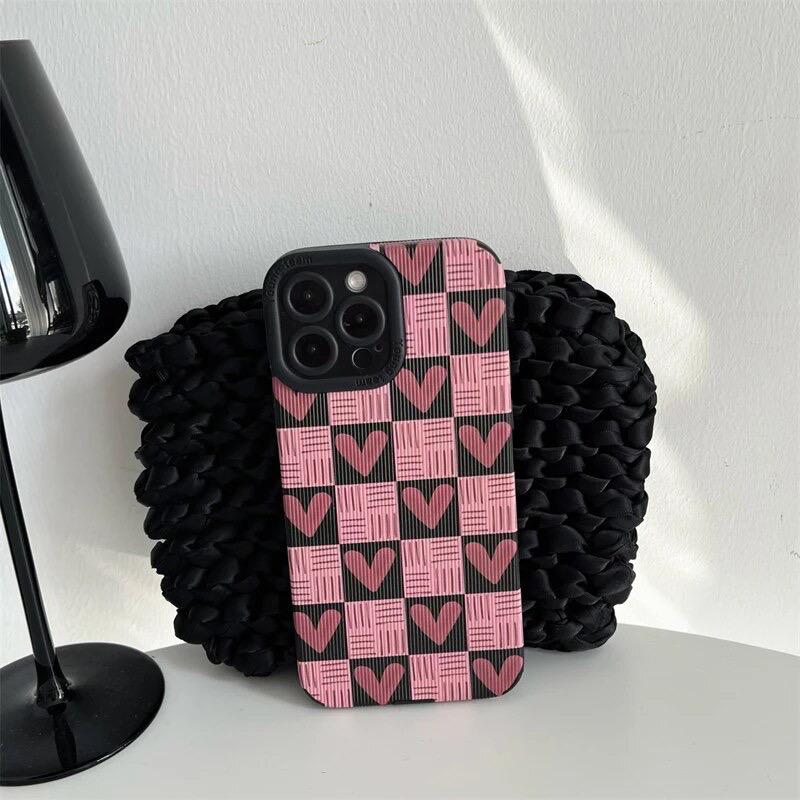 Pink Love Heart Plaid Textured iPhone Soft Silicone Case