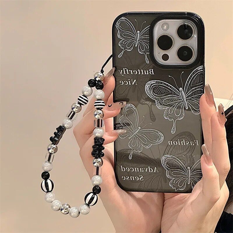 B/W Butterfly With Lanyard Charm Bracelet String iPhone Soft Case