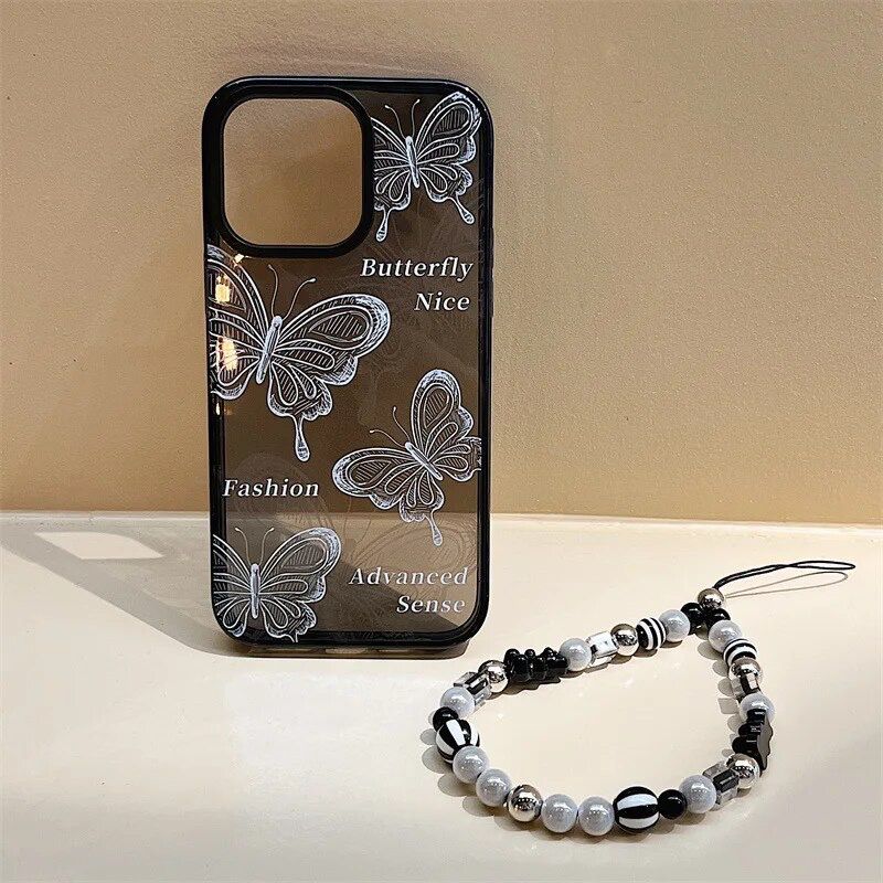 B/W Butterfly With Lanyard Charm Bracelet String iPhone Soft Case