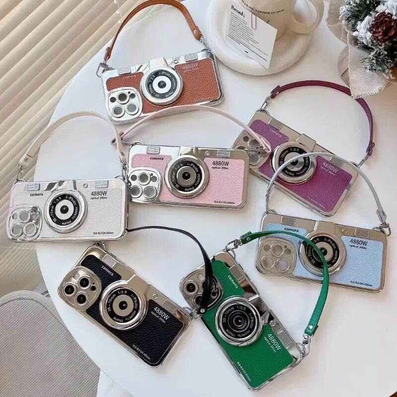 Luxury 3D Retro Colorful Camera Lanyard iPhone Soft Case