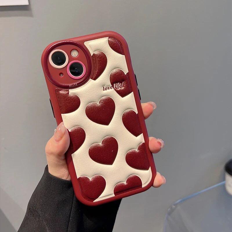 Red Hearts Leather Sponge iPhone Soft Silicone Case