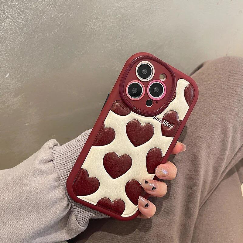 Red Hearts Leather Sponge iPhone Soft Silicone Case