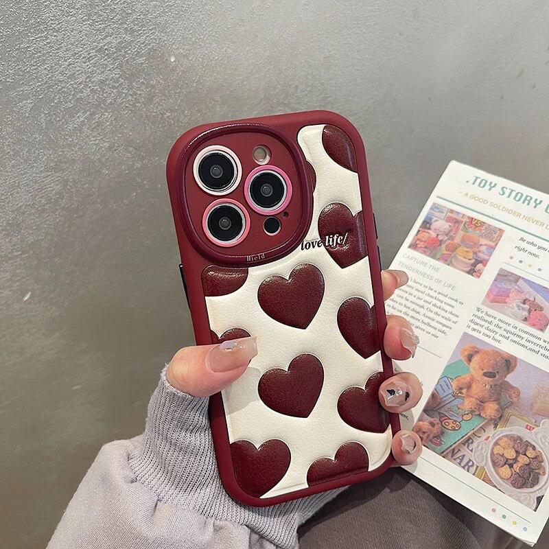 Red Hearts Leather Sponge iPhone Soft Silicone Case