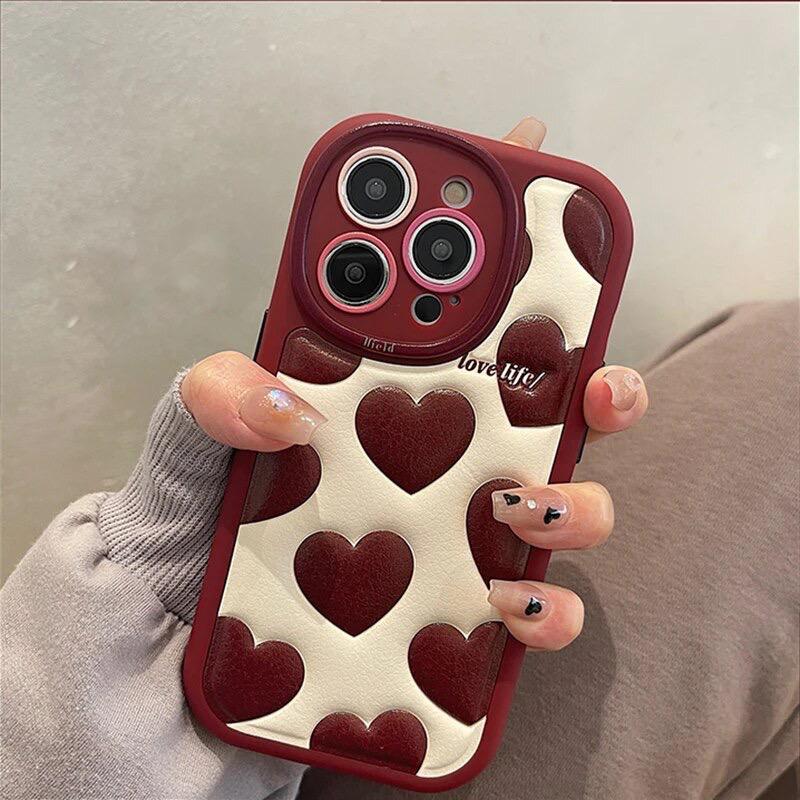 Red Hearts Leather Sponge iPhone Soft Silicone Case