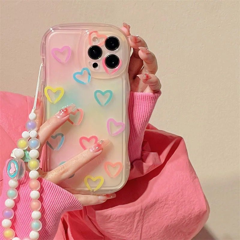 Colorful Hearts Lanyard Pink iPhone Charm Soft Silicone Case