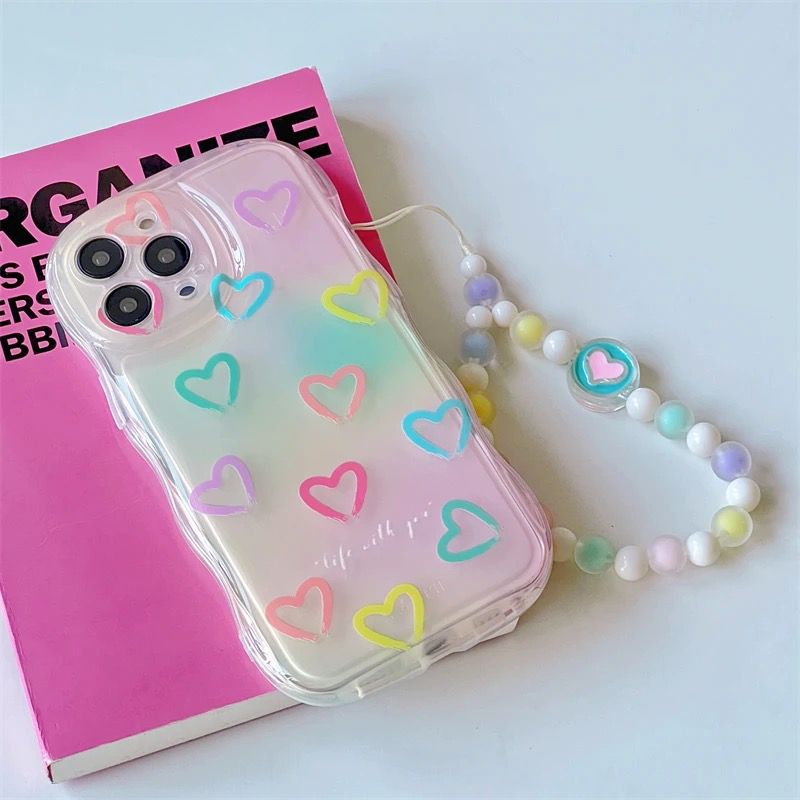 Colorful Hearts Lanyard Pink iPhone Charm Soft Silicone Case