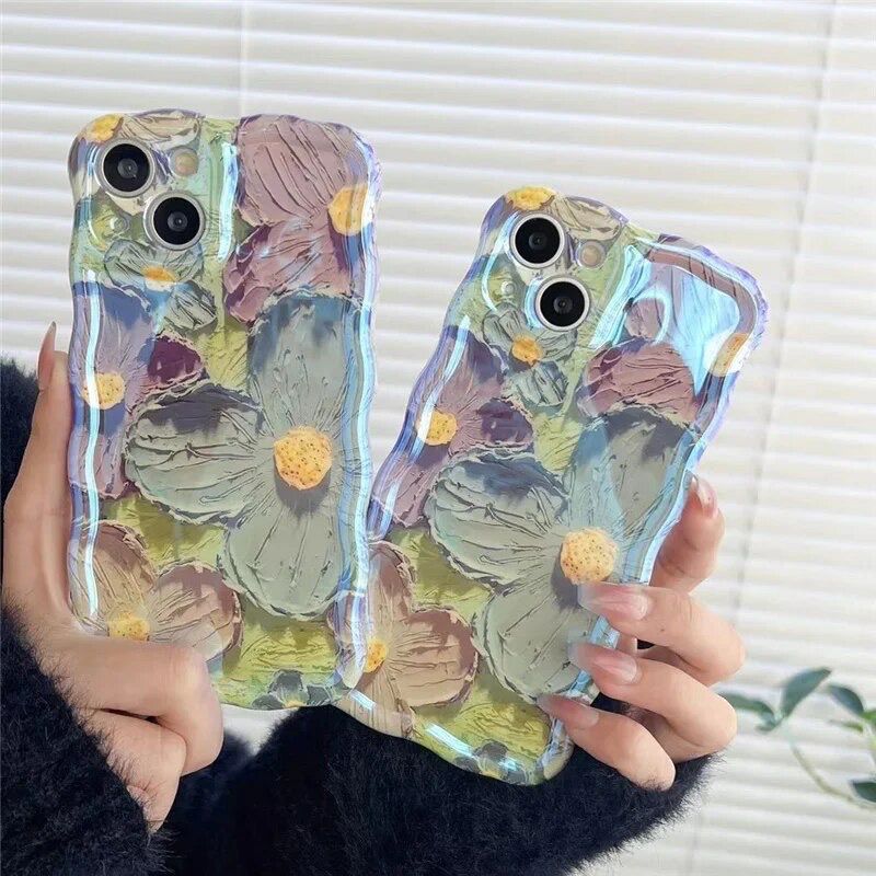 Blue Green Laser Floral Flowers Holographic iPhone Soft Silicone Case