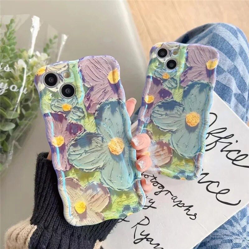 Blue Green Laser Floral Flowers Holographic iPhone Soft Silicone Case