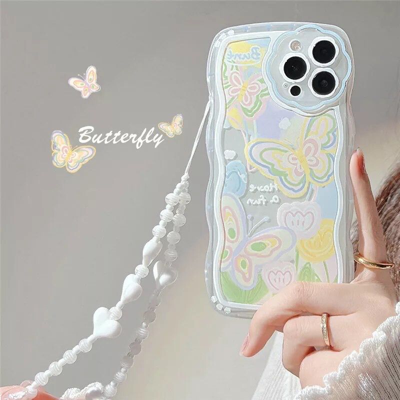 Colorful Butterfly Crystal Lanyard Charm Transparent iPhone Soft Case