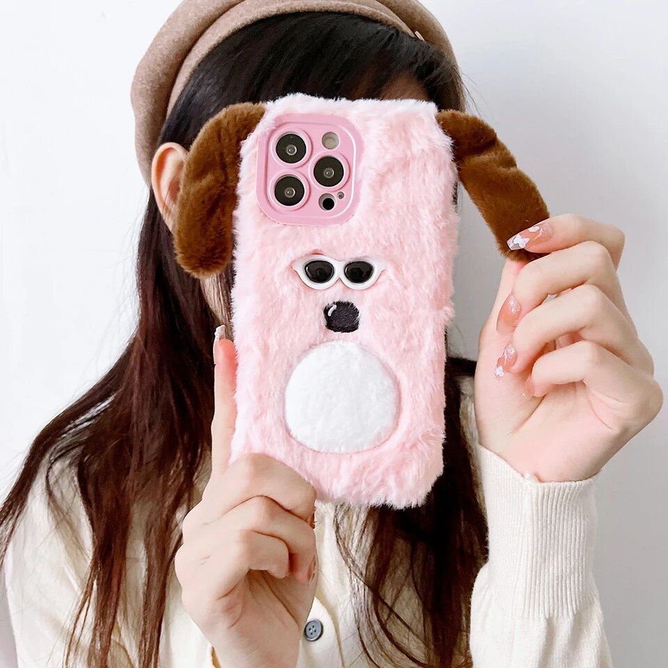 Pink White iPhone 14 Fur Plush Matching Soft Case & Airpod Pro Set