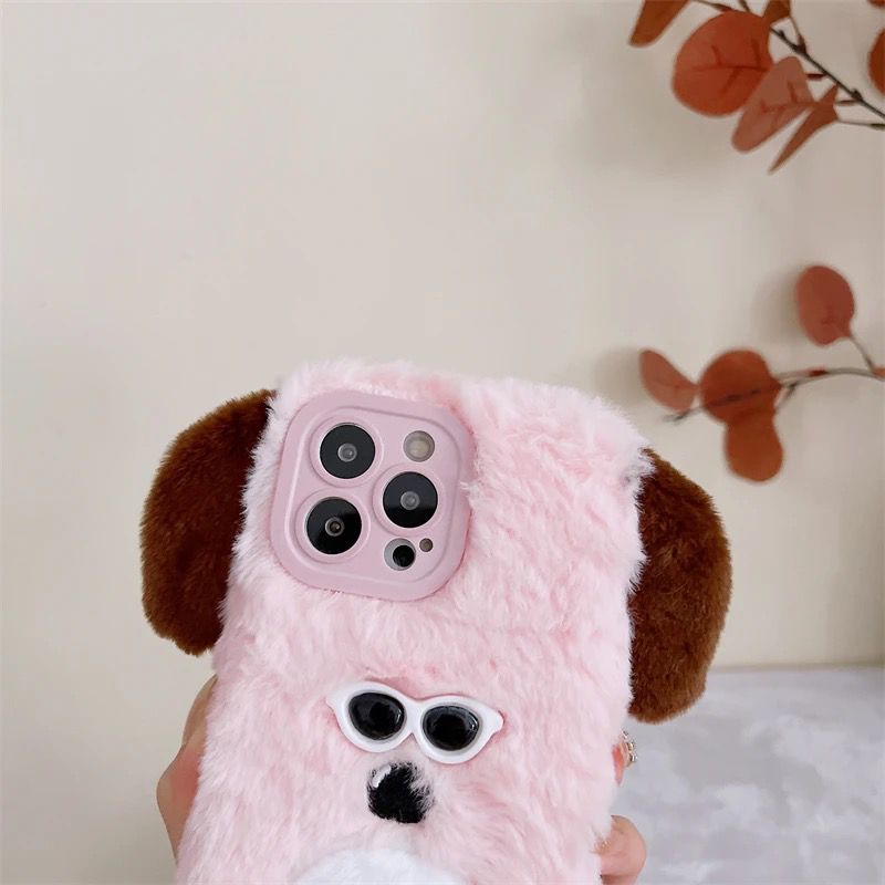 Pink White iPhone 14 Fur Plush Matching Soft Case & Airpod Pro Set