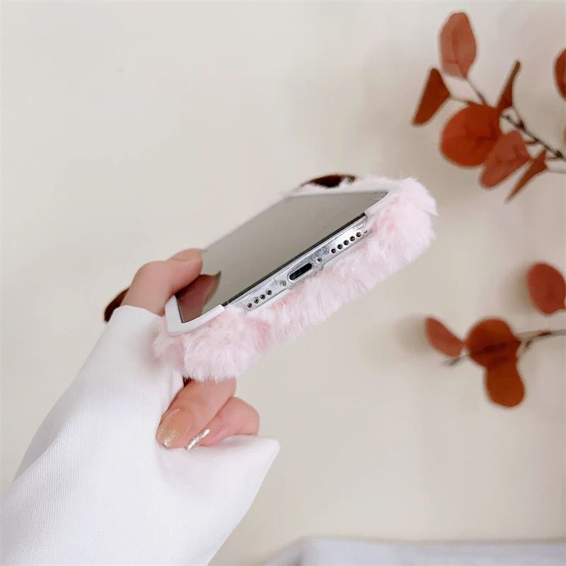 Pink White iPhone 14 Fur Plush Matching Soft Case & Airpod Pro Set