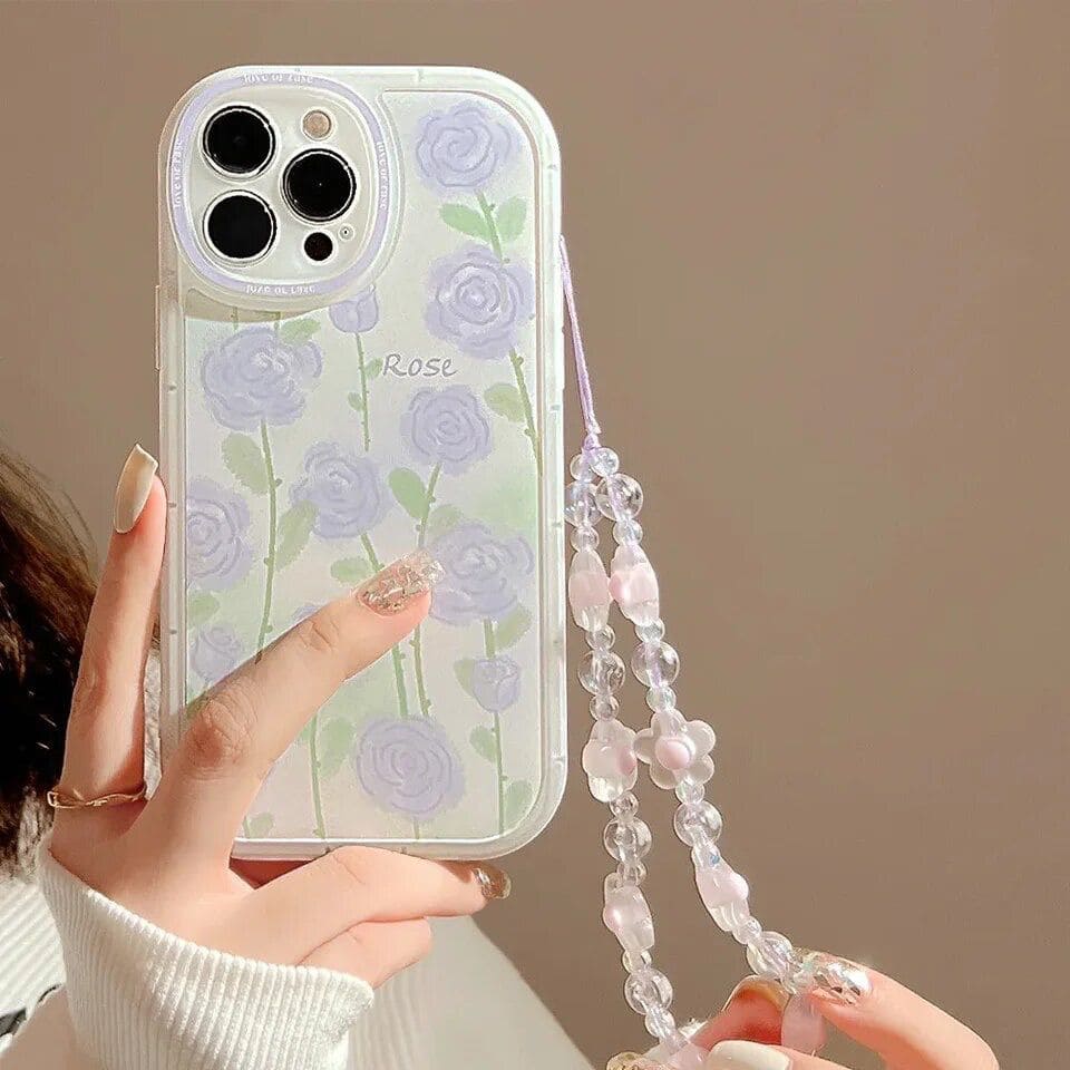 Purple Floral Flowers Lanyard Charm Transparent iPhone Soft Case