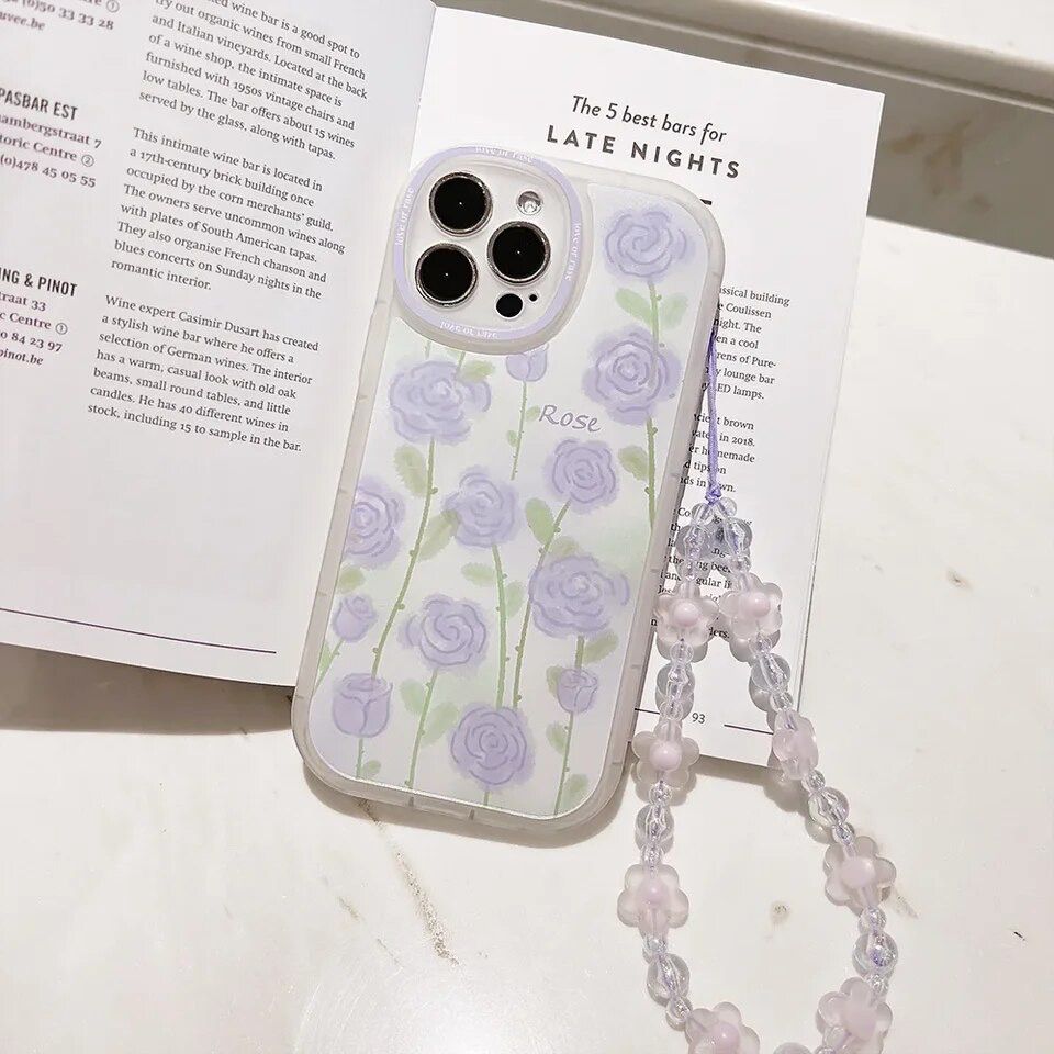 Purple Floral Flowers Lanyard Charm Transparent iPhone Soft Case