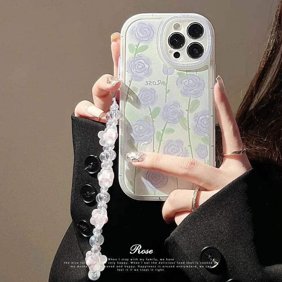 Purple Floral Flowers Lanyard Charm Transparent iPhone Soft Case