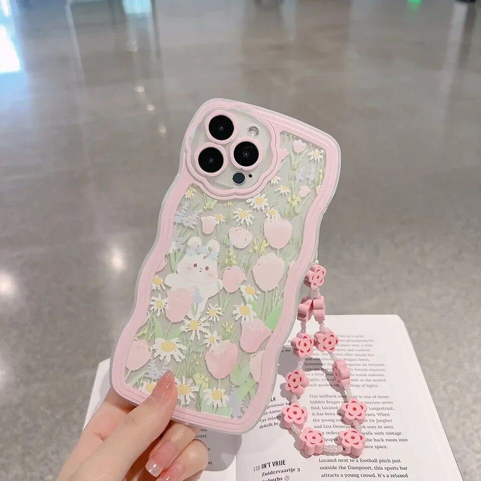 Pink Cute Bear Lanyard Charm Transparent iPhone Soft Case