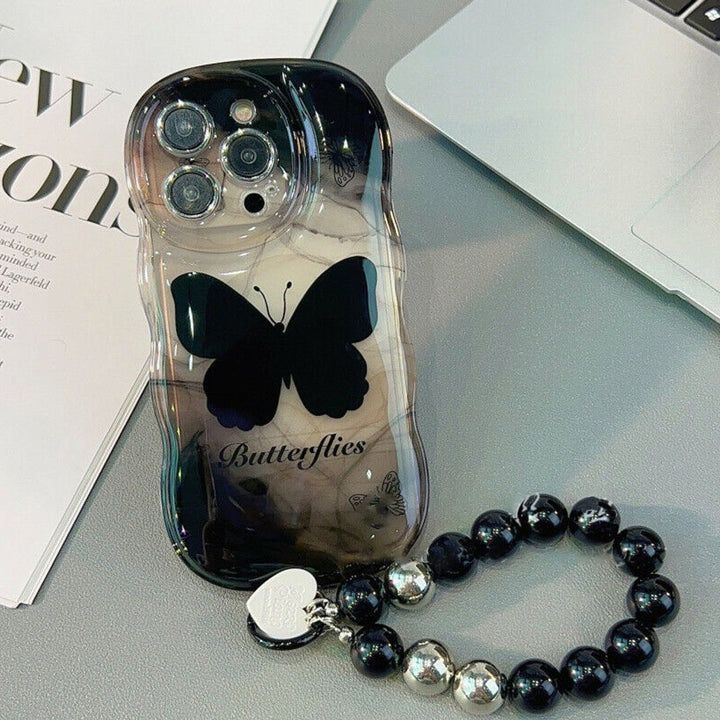 Black Butterfly With Lanyard Soft Silicone iPhone Case For iPhone 14