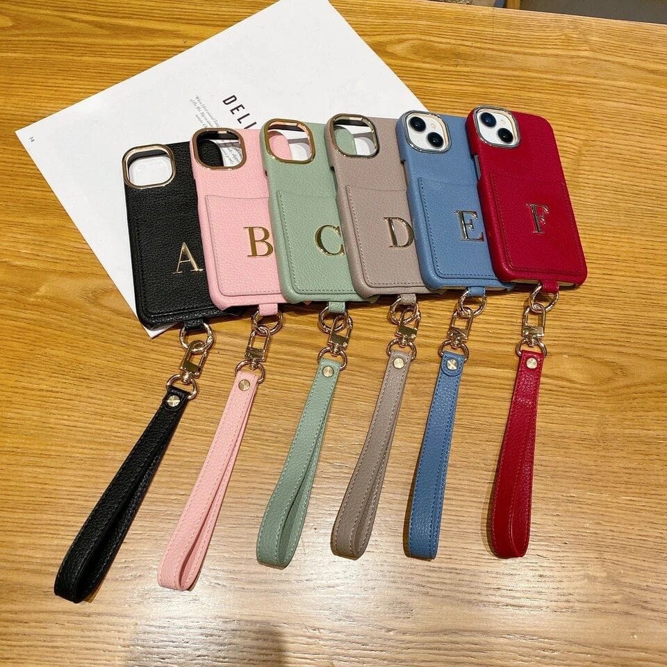 Luxury Card Holder Leather iPhone Strap Case With Custom Initial Name Single Plain Golden Letter