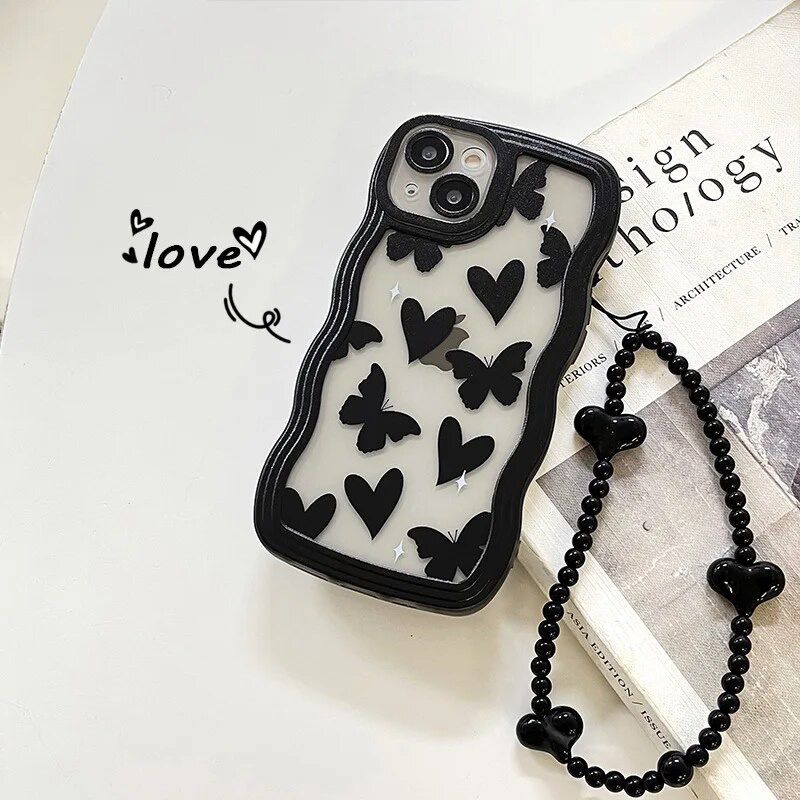 Cute Wave Love Black Butterfly Lanyard Charm iPhone Soft Case