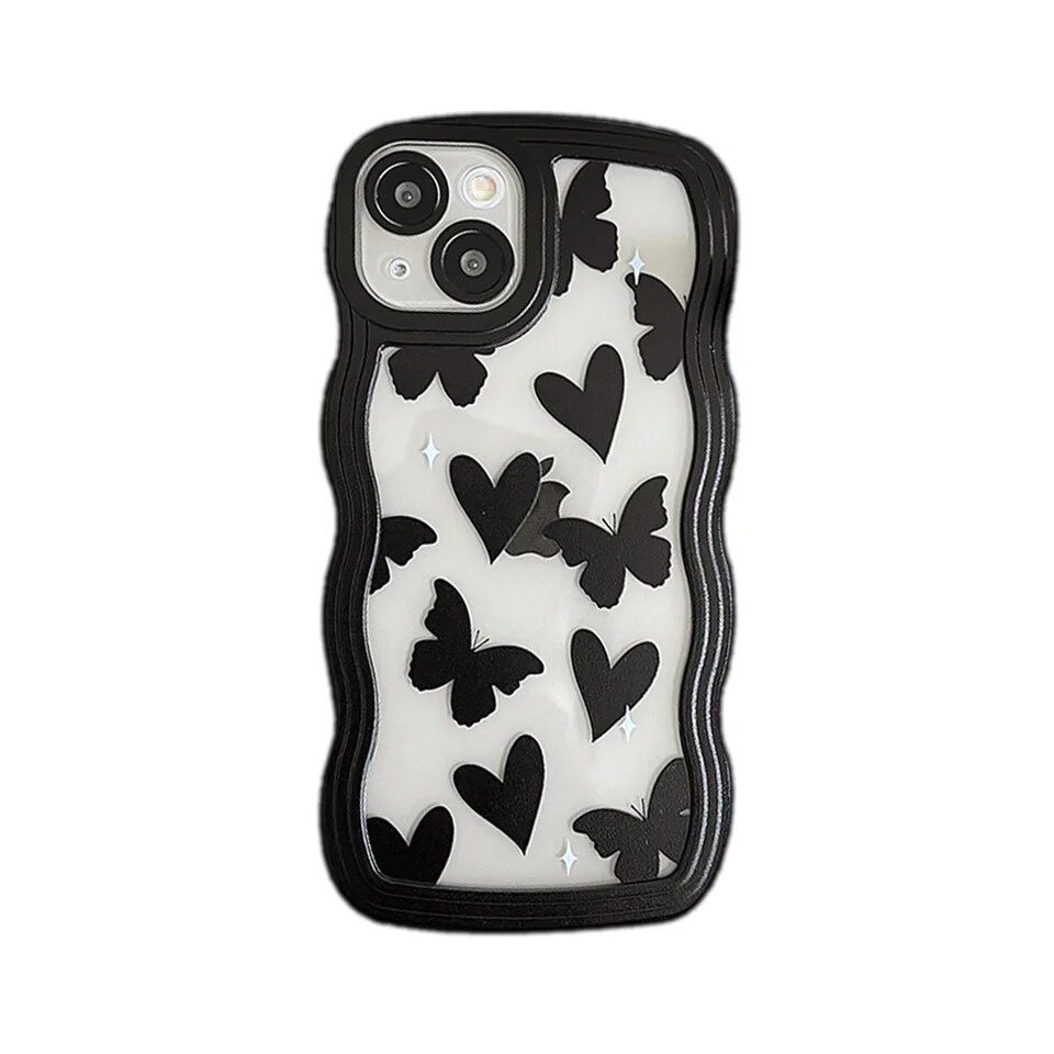 Cute Wave Love Black Butterfly Lanyard Charm iPhone Soft Case