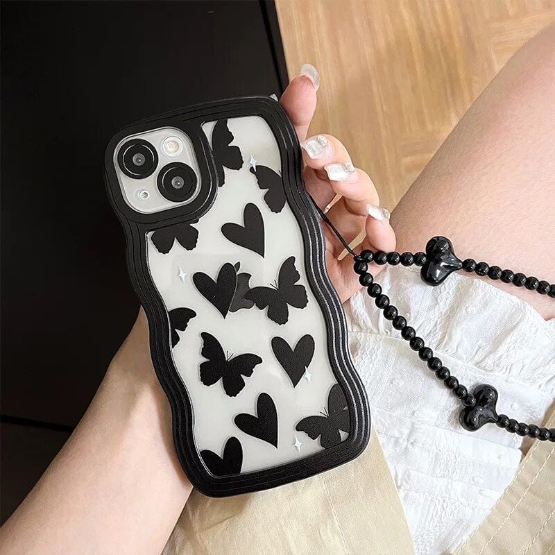 Cute Wave Love Black Butterfly Lanyard Charm iPhone Soft Case