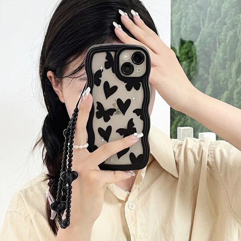 Cute Wave Love Black Butterfly Lanyard Charm iPhone Soft Case