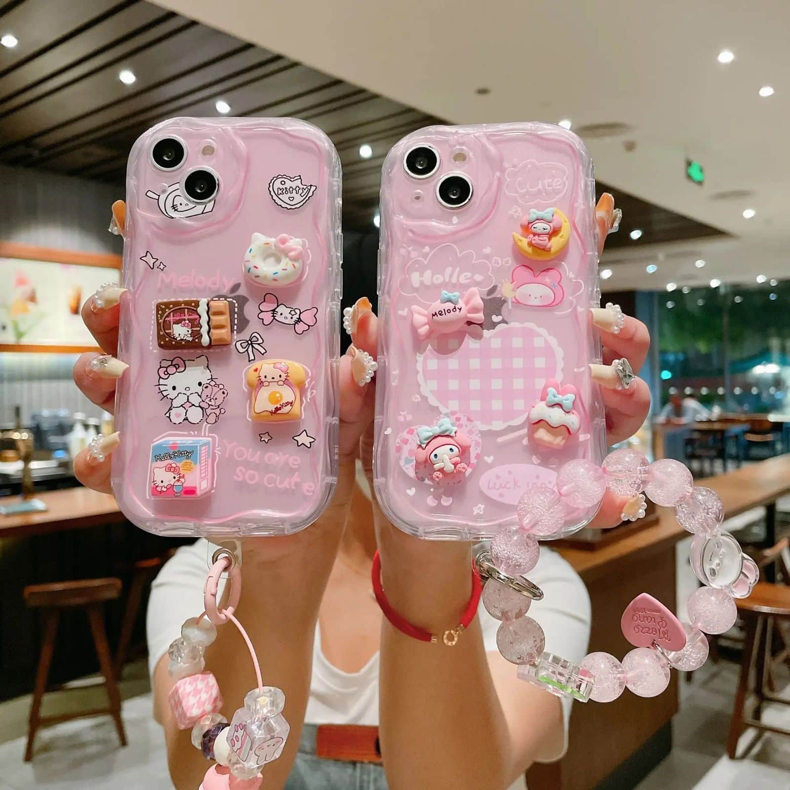 3D Cute Lanyard Pink Case Wave Cartoon Melody iPhone Soft Case