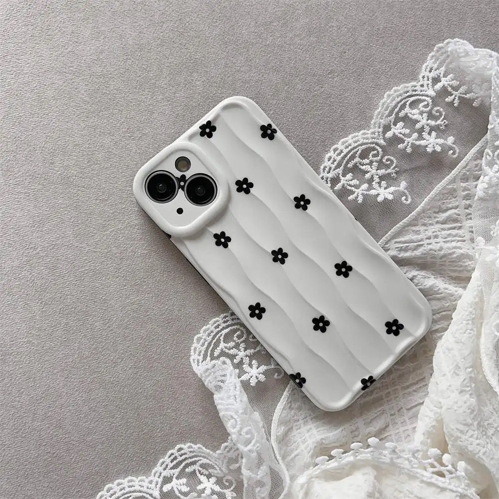 Black  Floral Flowers on White Textured Soft Silicone iPhone Case